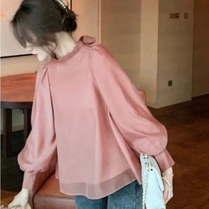 Beautiful Dusty Rose Chiffon Blouse with Bell Sleeves & Back Neck Tie, Brand New